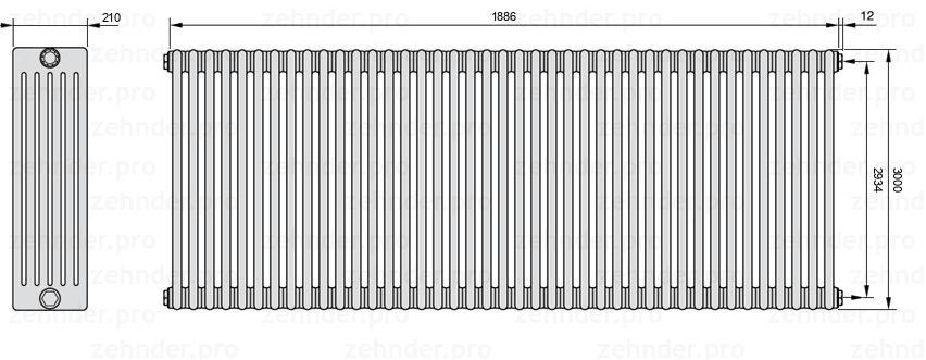 Схема (чертеж) Радиатор Zehnder Charleston 6300/41 №7610 Белый глянцевый RAL 9016